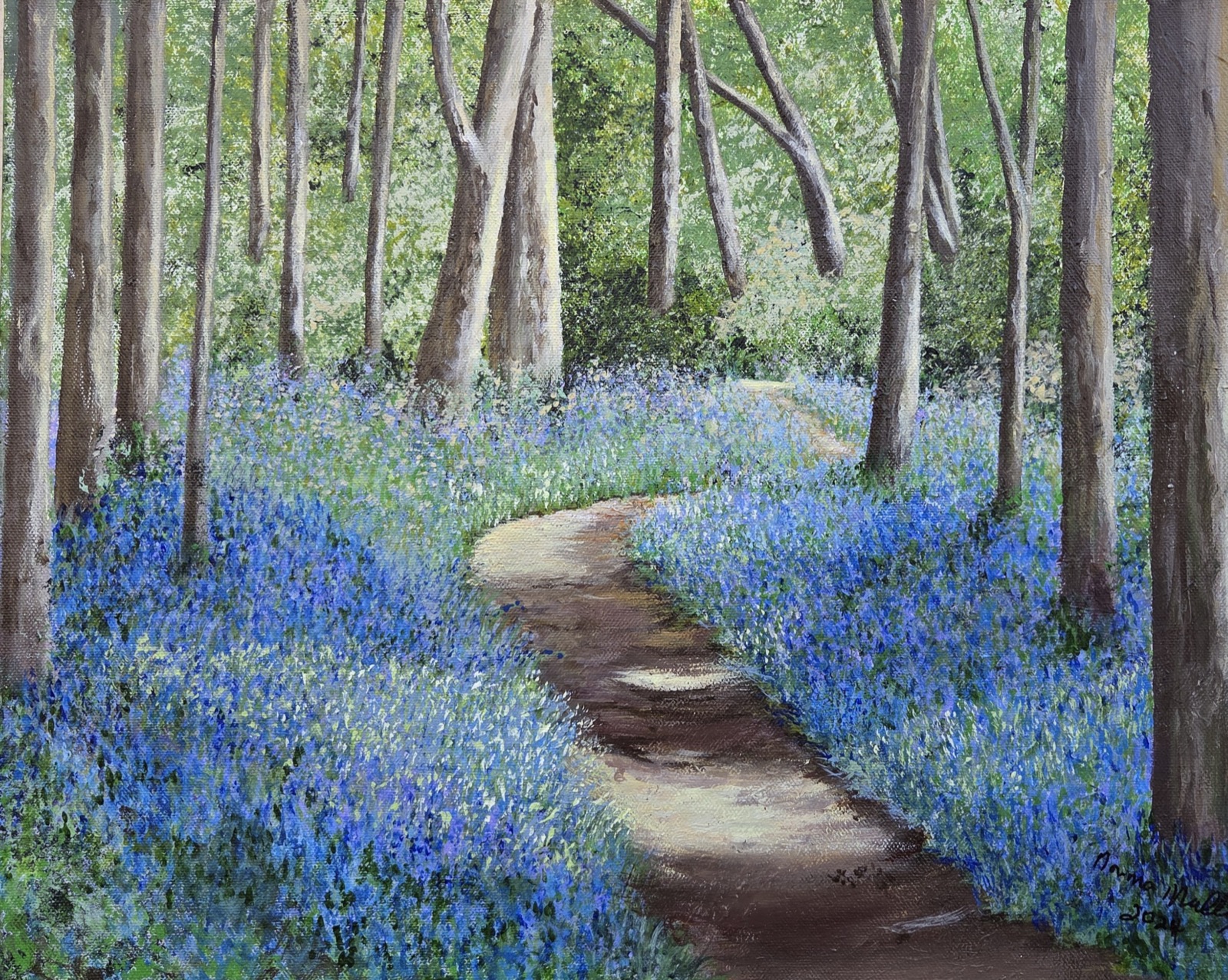 Painting of a winding path through a wood carpeted with bluebells