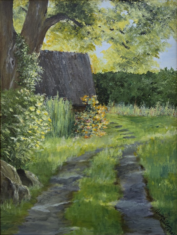 A thatched roof glimpsed through summer trees, with a path running past yellow flowers