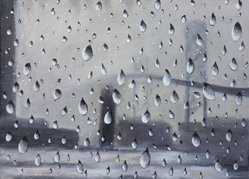 Rain running down a windowpane, a street beyond it blurred to soft greys