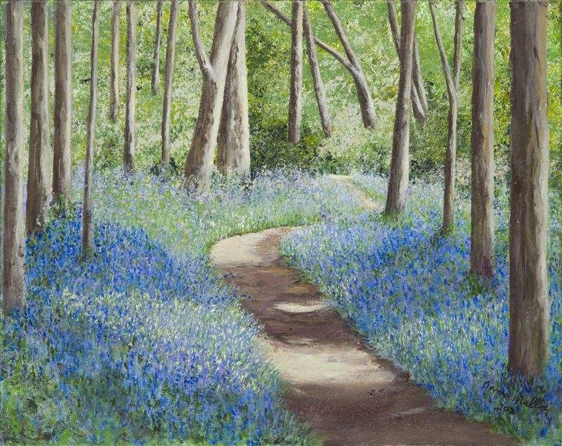A woodland path winding between trees through a carpet of bluebells