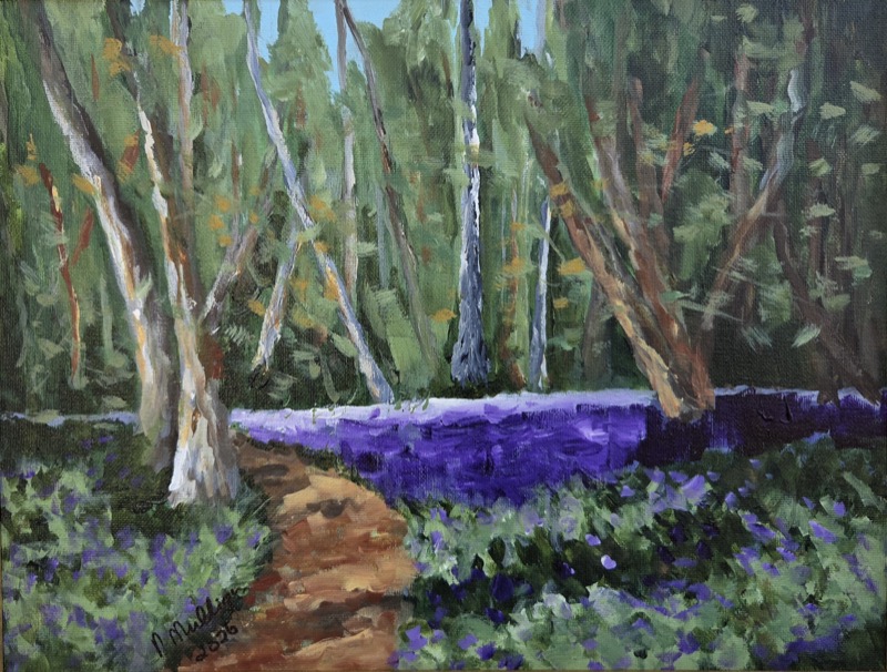 A broad band of bluebells beneath woodland trees, loosely painted, with a sandy path curving away to the left