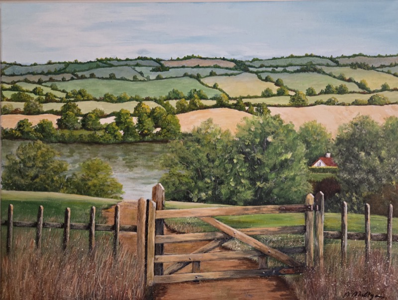 A wooden farm gate opening onto a patchwork of green and gold fields, with a river and a white cottage beyond