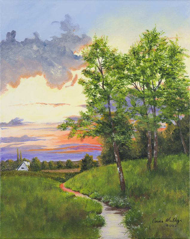 A path winding through a meadow towards a cottage under a pink and gold sunset