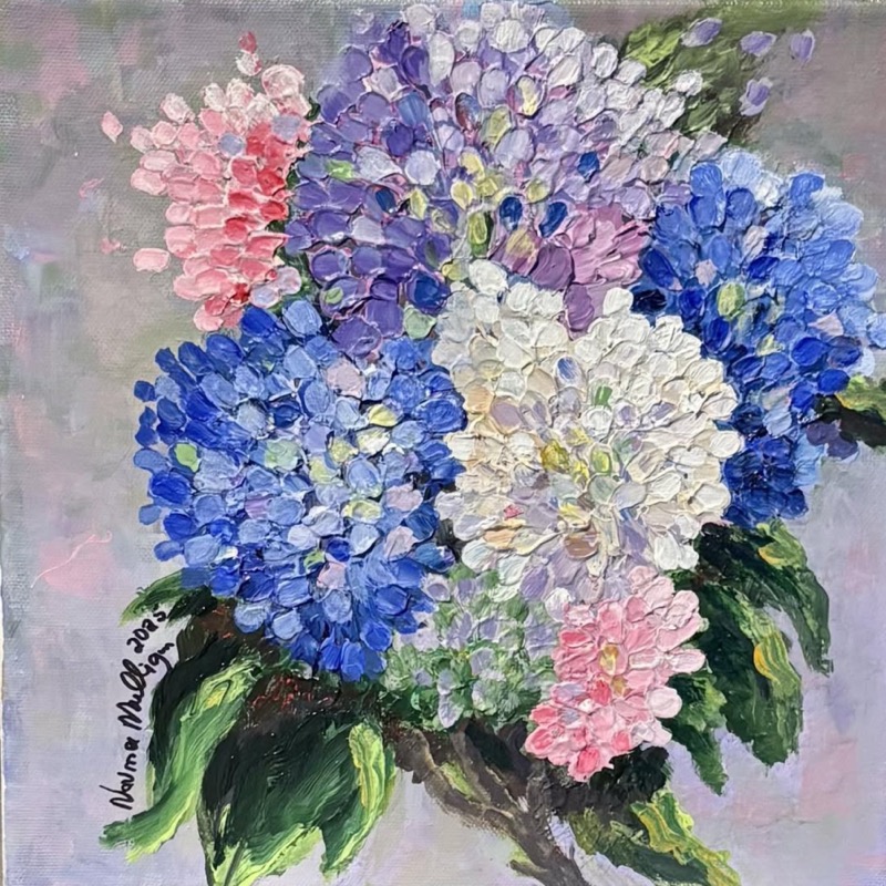 A full bouquet of blue, violet, pink and white hydrangeas, painted in thick textured strokes
