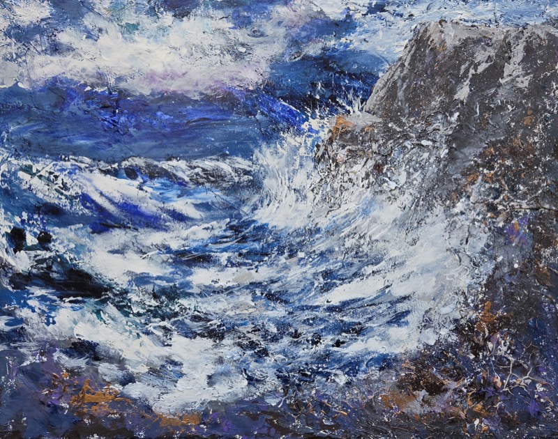 Heavy surf breaking over brown rocks, the foam worked in thick textured paint