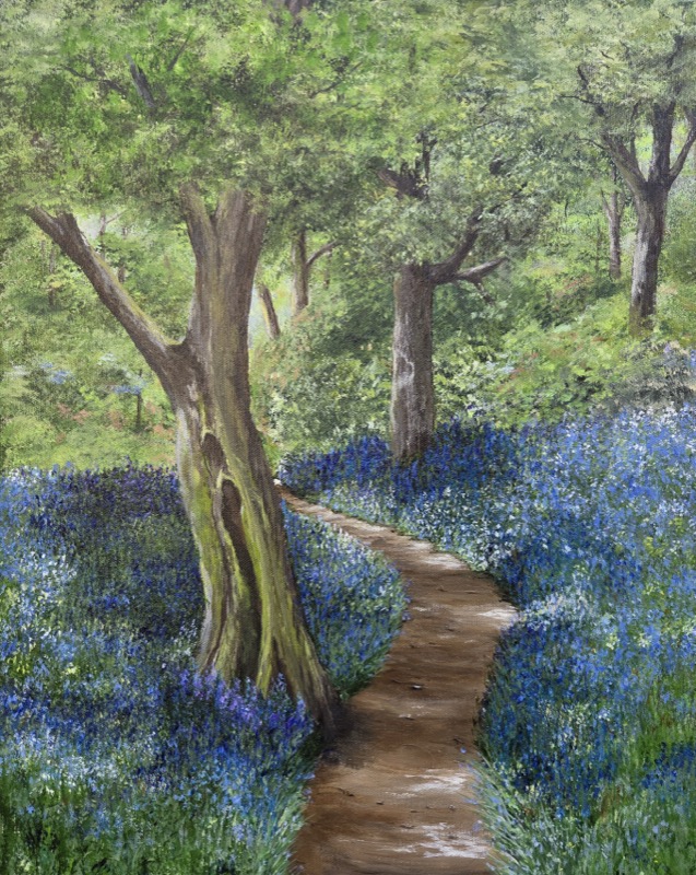A woodland path between banks of bluebells, beneath a large mossy tree in full summer leaf
