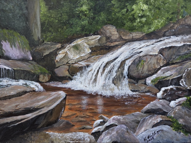 Water spilling in white ribbons over dark rock into a peat-brown pool
